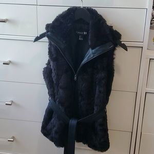 Faux Fur Vest with Faux Leather Trim and Belt